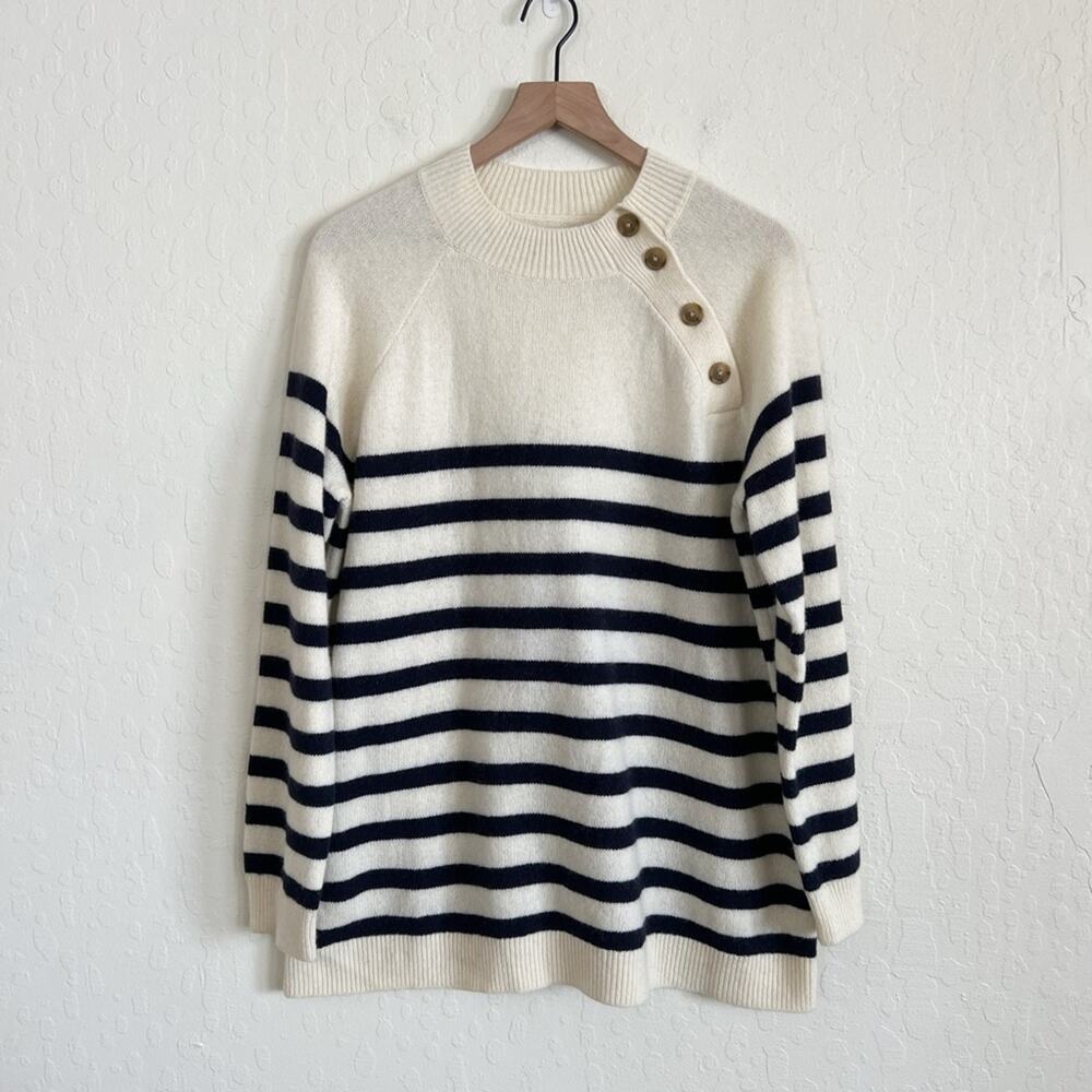 L.L.Bean Signature Kingfield Sailor Wool-Blend Sweater XL Navy Blue Cream Stripe